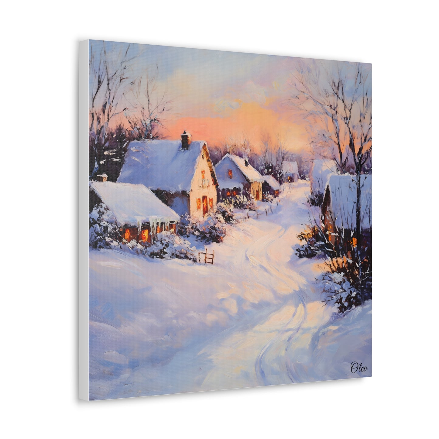 Winter Glow: A Serene Village Scene - A Timeless Canvas Print