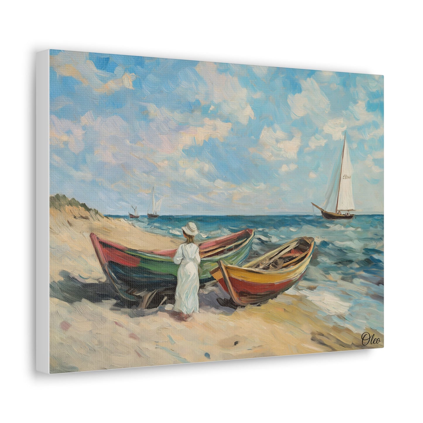 Charming Vintage Seaside Oil Painting Print on Canvas