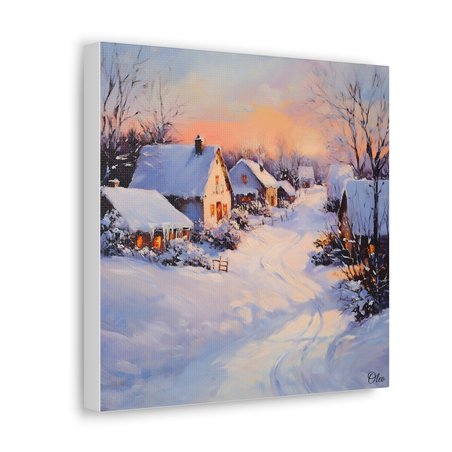 Winter Glow: A Serene Village Scene - A Timeless Canvas Print