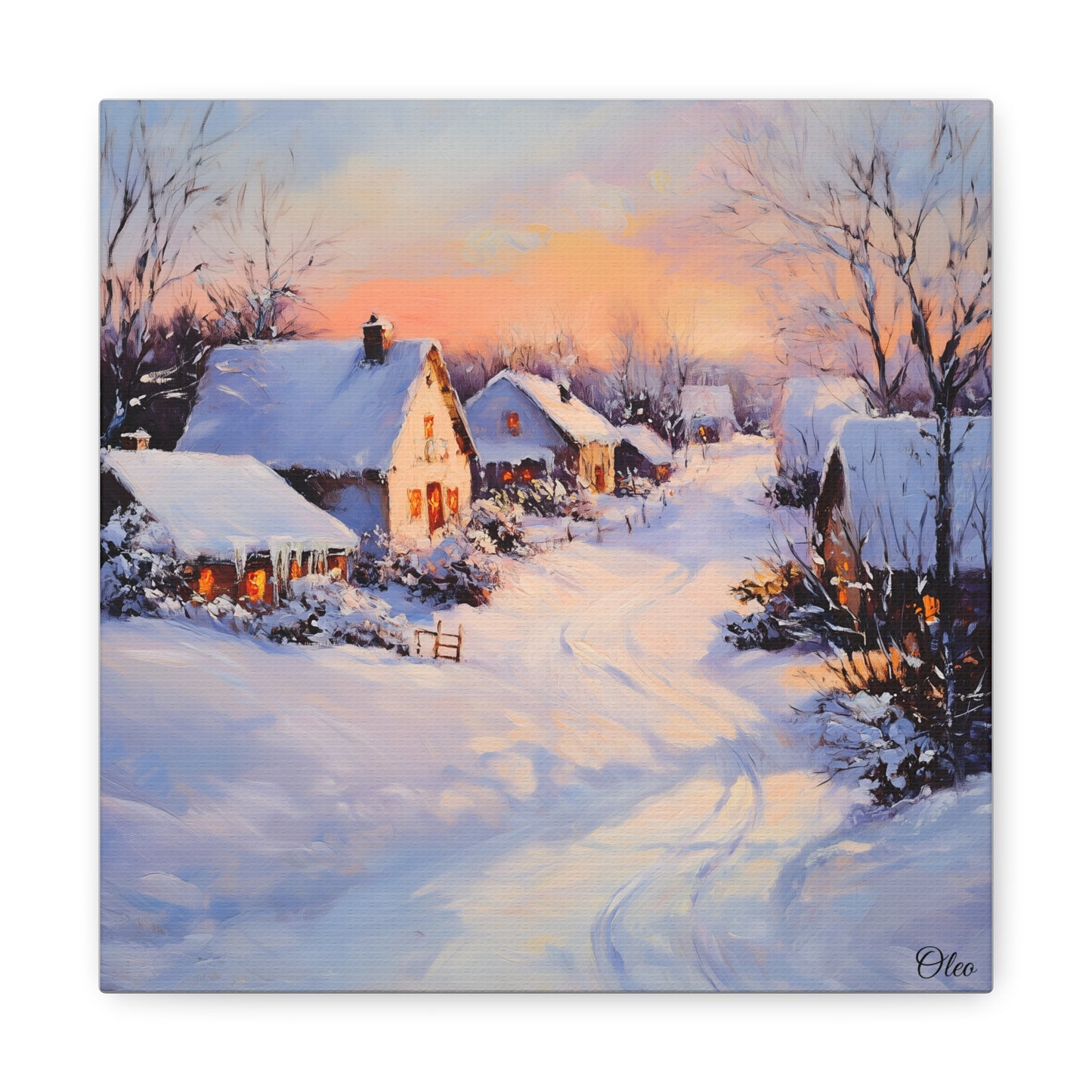 Winter Glow: A Serene Village Scene - A Timeless Canvas Print