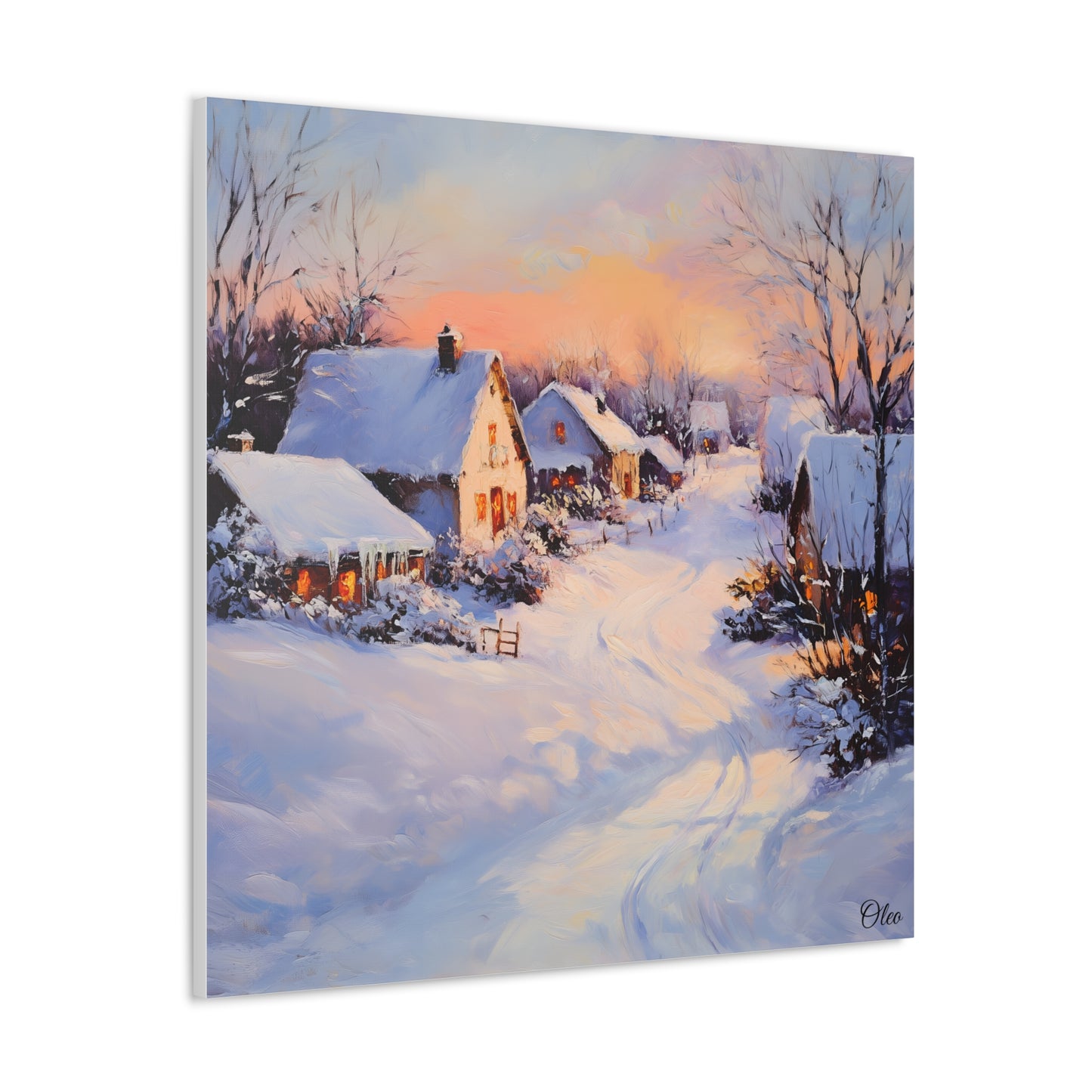 Winter Glow: A Serene Village Scene - A Timeless Canvas Print