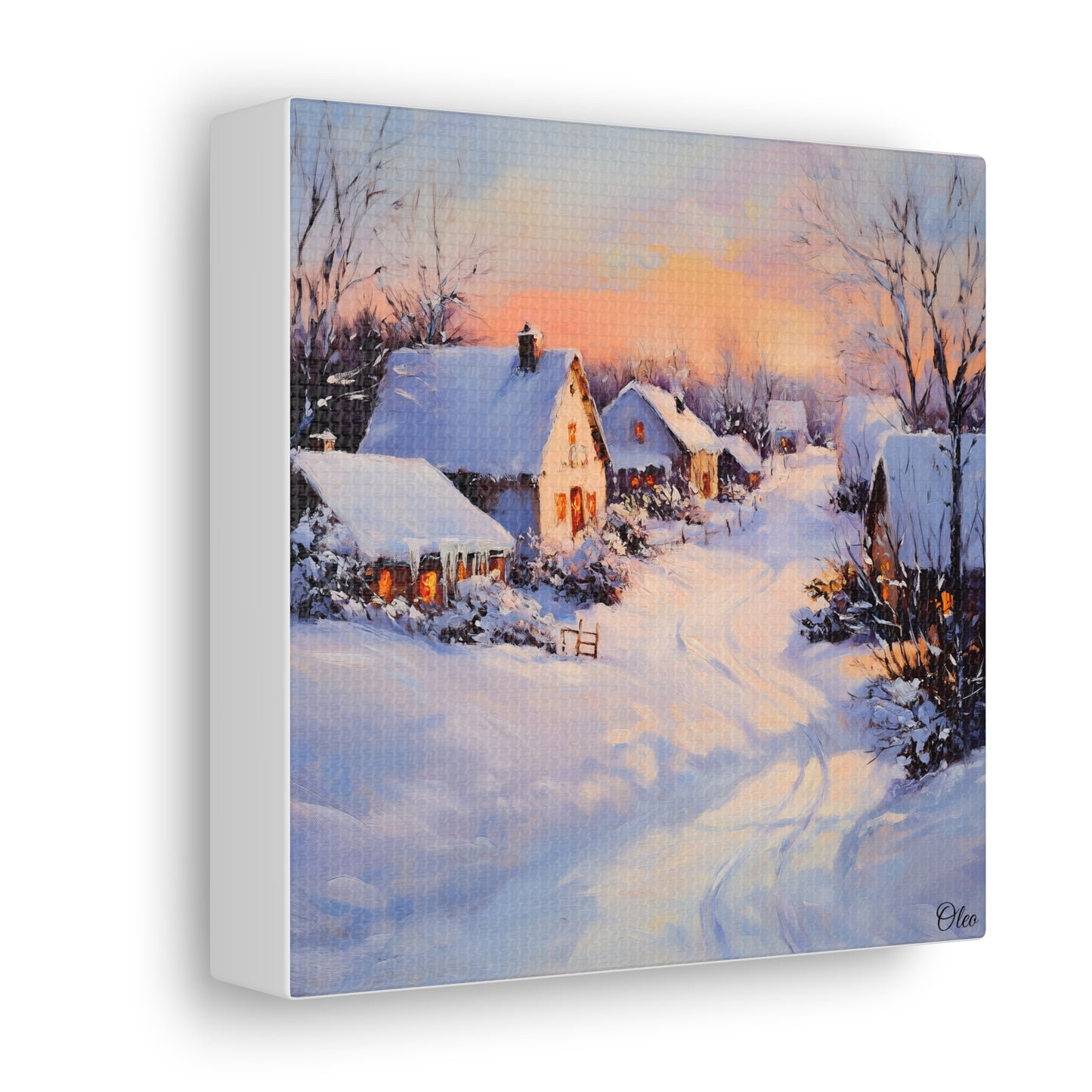 Winter Glow: A Serene Village Scene - A Timeless Canvas Print
