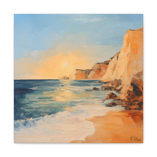 🌅 Golden Hour by the Cliffs – Sunset Coastal Oil Painting Print 🌅