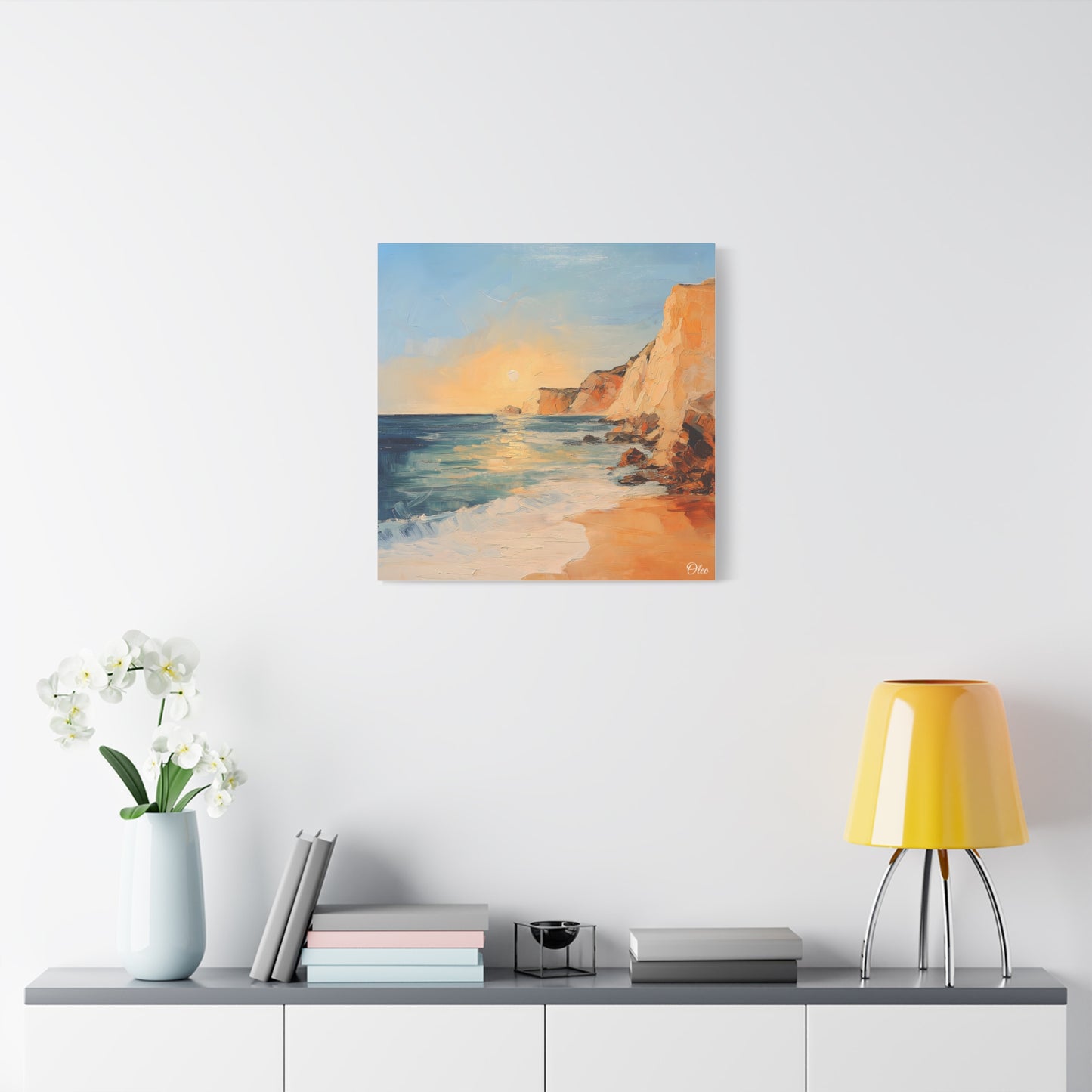 🌅 Golden Hour by the Cliffs – Sunset Coastal Oil Painting Print 🌅