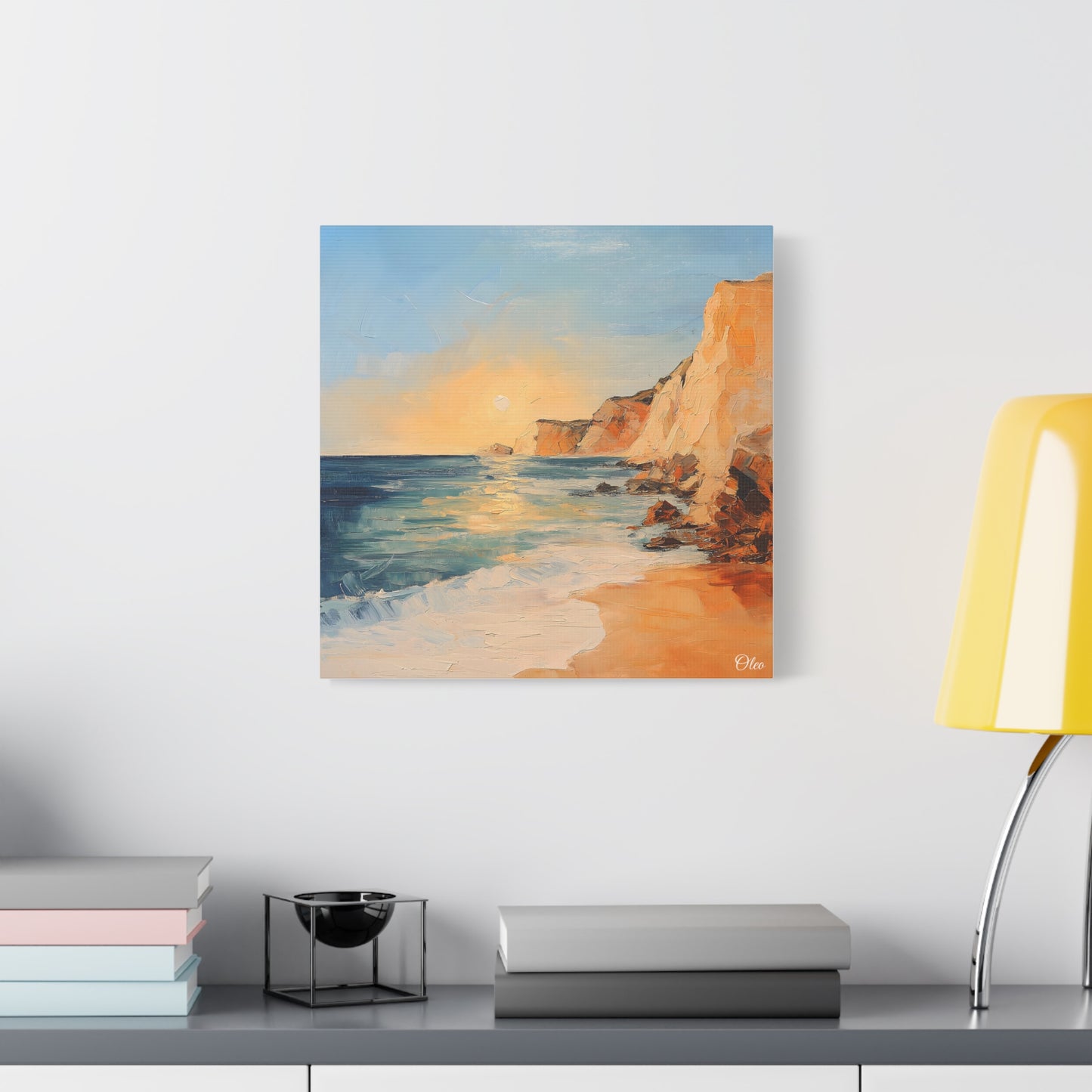 🌅 Golden Hour by the Cliffs – Sunset Coastal Oil Painting Print 🌅