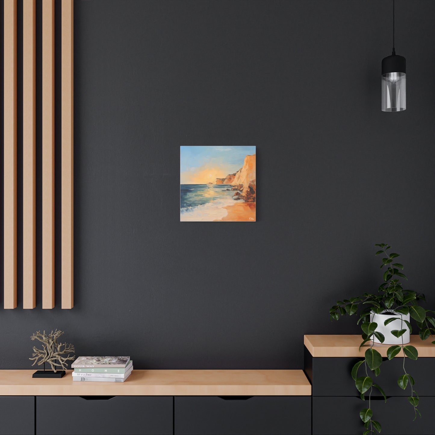 🌅 Golden Hour by the Cliffs – Sunset Coastal Oil Painting Print 🌅