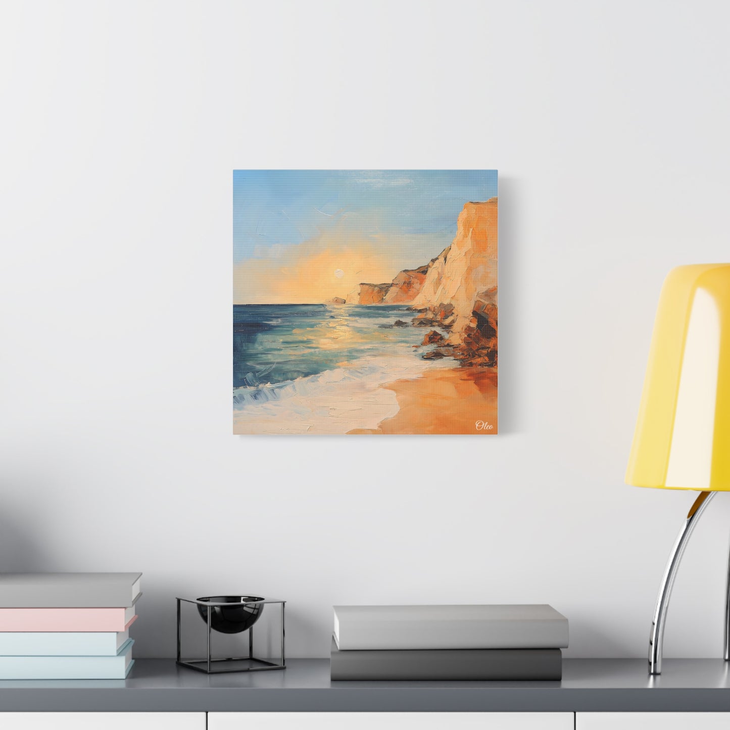 🌅 Golden Hour by the Cliffs – Sunset Coastal Oil Painting Print 🌅