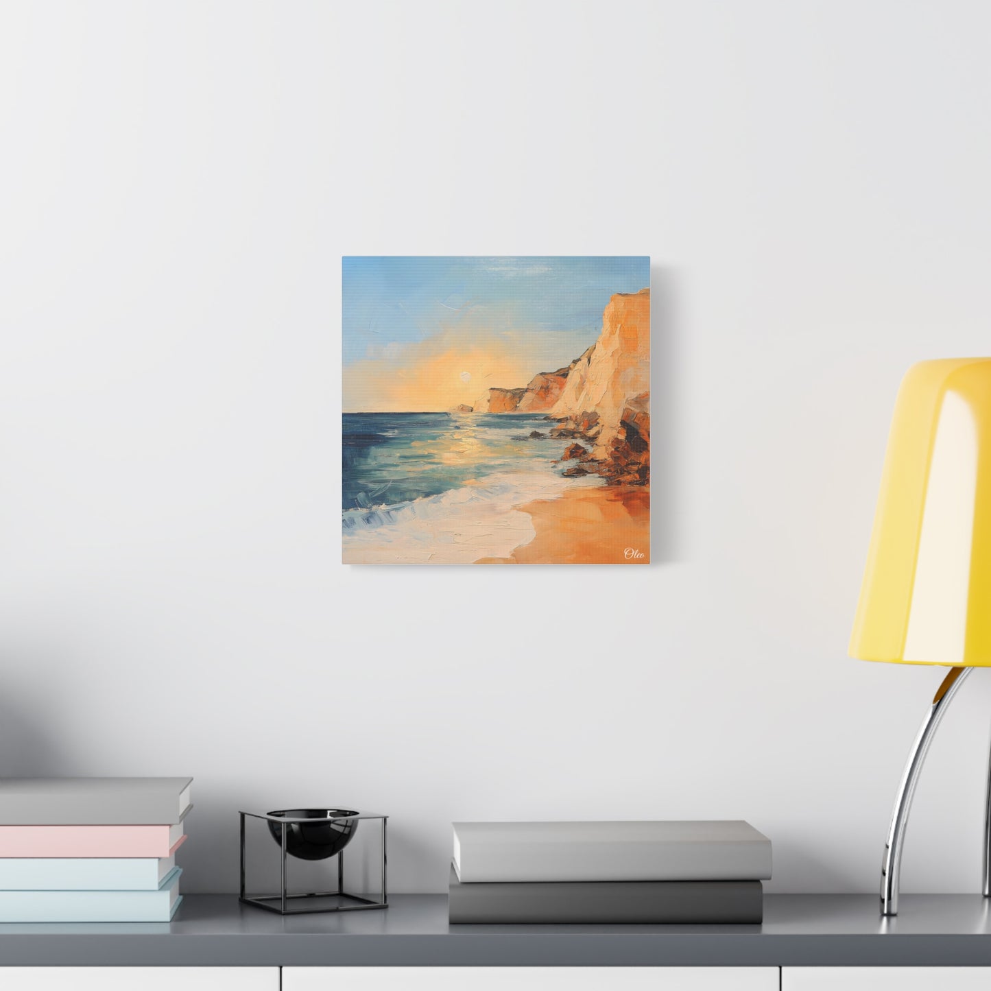 🌅 Golden Hour by the Cliffs – Sunset Coastal Oil Painting Print 🌅