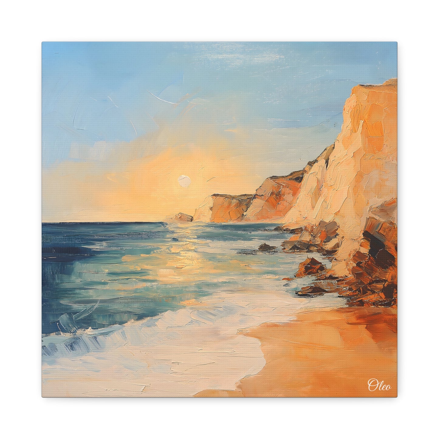 🌅 Golden Hour by the Cliffs – Sunset Coastal Oil Painting Print 🌅