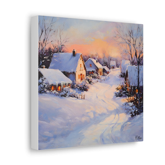Winter Glow: A Serene Village Scene - A Timeless Canvas Print