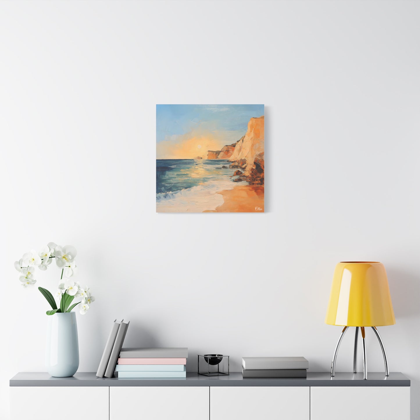 🌅 Golden Hour by the Cliffs – Sunset Coastal Oil Painting Print 🌅