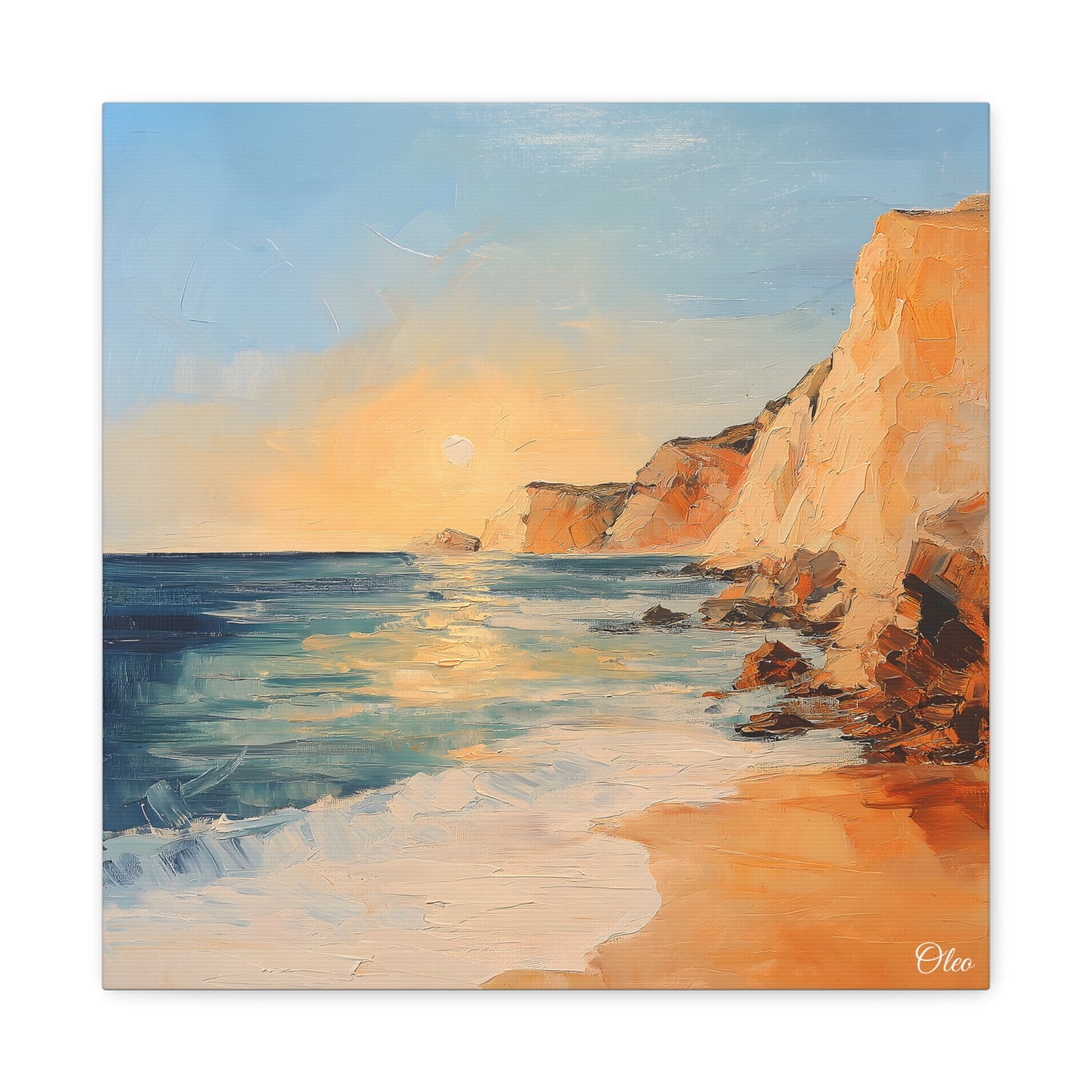 🌅 Golden Hour by the Cliffs – Sunset Coastal Oil Painting Print 🌅